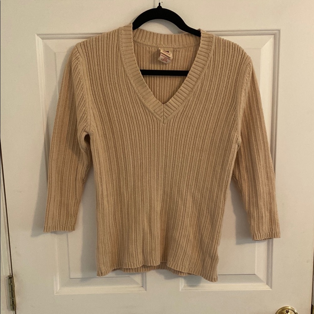 Beige V-Neck Ribbed Sweater